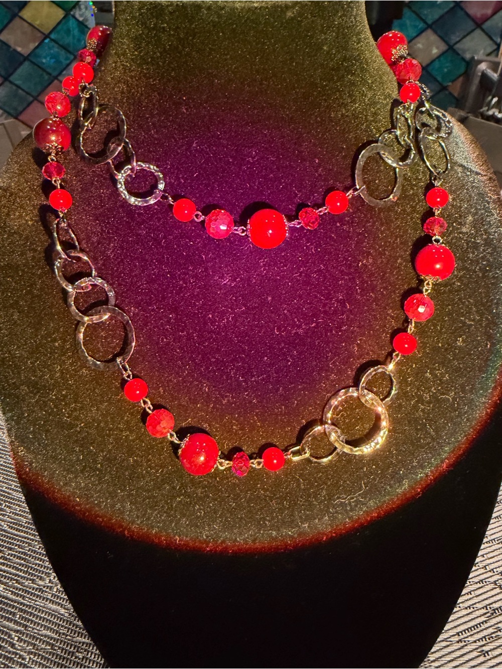 Premier Designs Bright Red Beaded Black Link Necklace